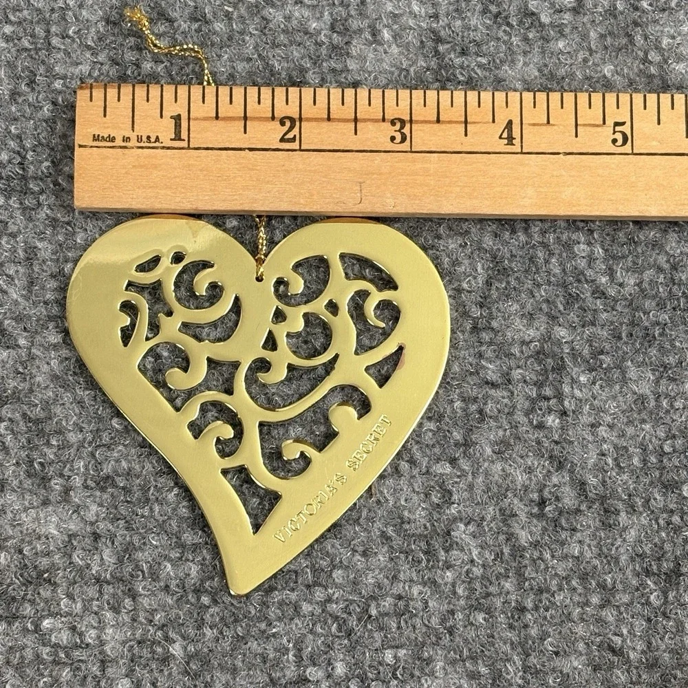 90s Victoria's Secret Gold Metal Heart Ornament Christmas Scroll Cutout Logo VTG